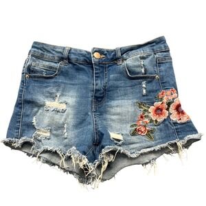 Wax Jean Los Angeles Floral Embroidered Distressed Denim Shorts Medium Wash S
